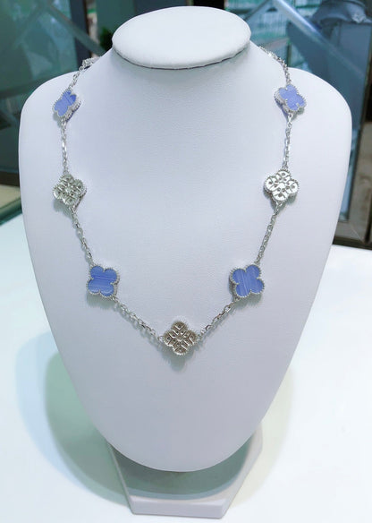 [Eterna Jewels]CLOVER 10 MOTIFS CHALCEDONY DIAMONDS SILVER NECKLACE