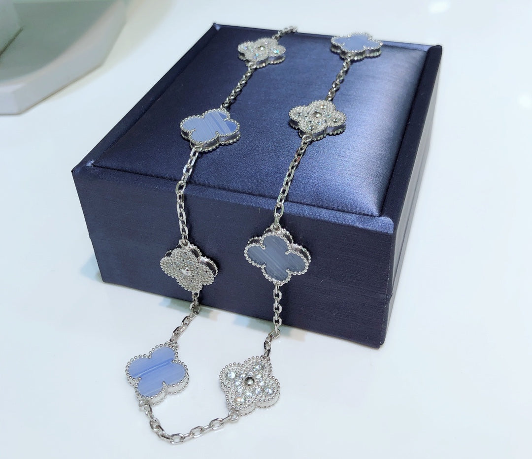 [Eterna Jewels]CLOVER 10 MOTIFS CHALCEDONY DIAMONDS SILVER NECKLACE