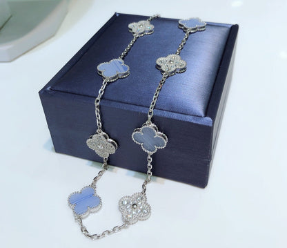 [Eterna Jewels]CLOVER 10 MOTIFS CHALCEDONY DIAMONDS SILVER NECKLACE
