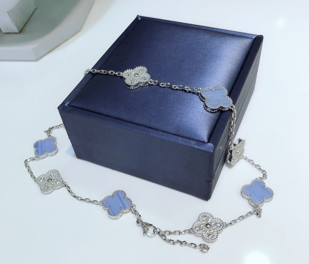 [Eterna Jewels]CLOVER 10 MOTIFS CHALCEDONY DIAMONDS SILVER NECKLACE
