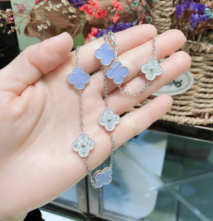 [Eterna Jewels]CLOVER 10 MOTIFS CHALCEDONY DIAMONDS SILVER NECKLACE